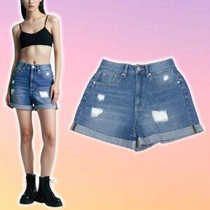 DICKIES Cuffed Distressed Denim Short Size Small Blue